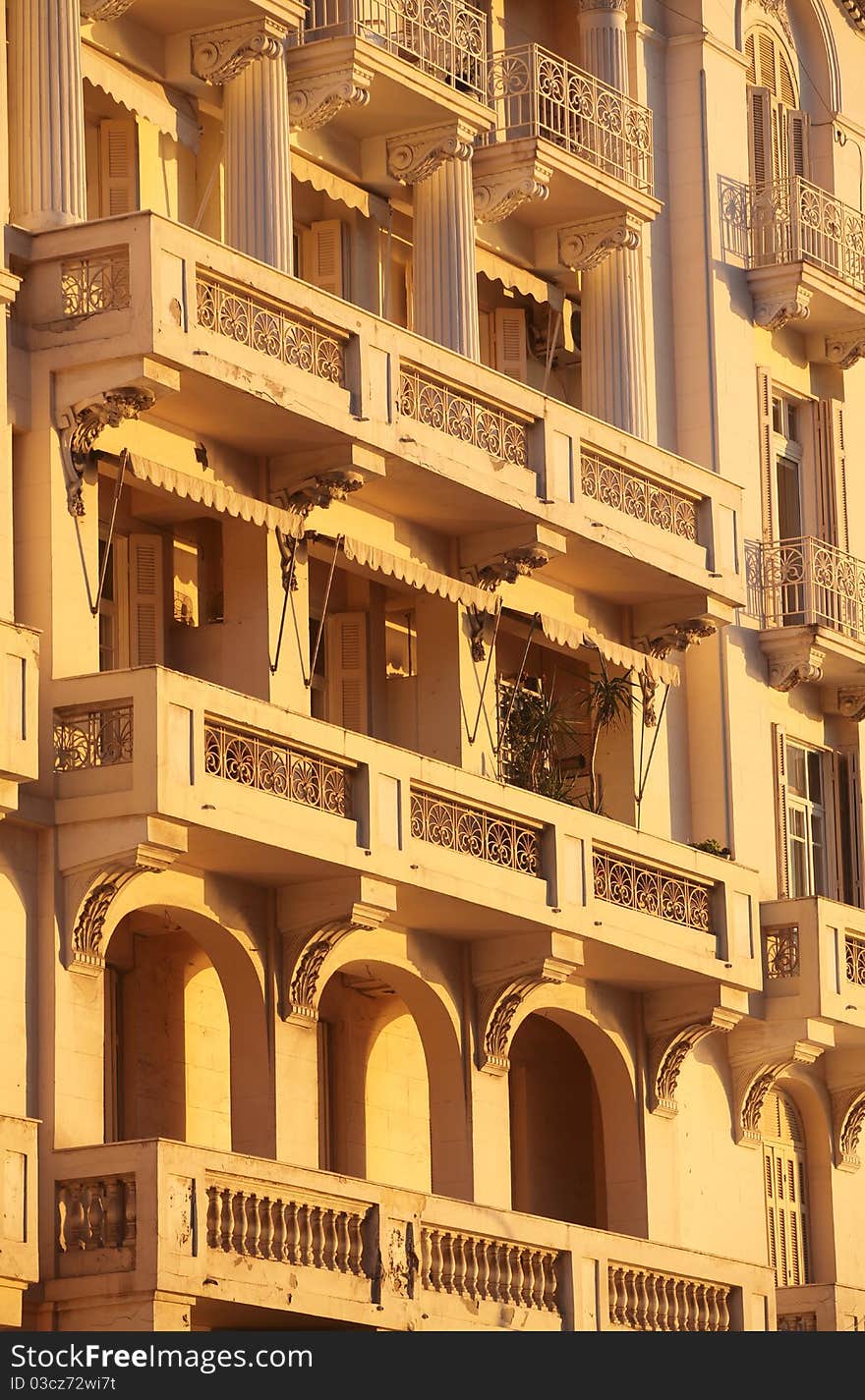 Traditional neo-classical building in the seaside of Thessaloniki. The light is natural by the sunset.