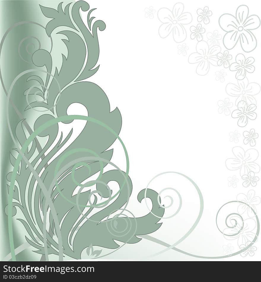 Abstract green background with swirls and plant composition. Abstract green background with swirls and plant composition