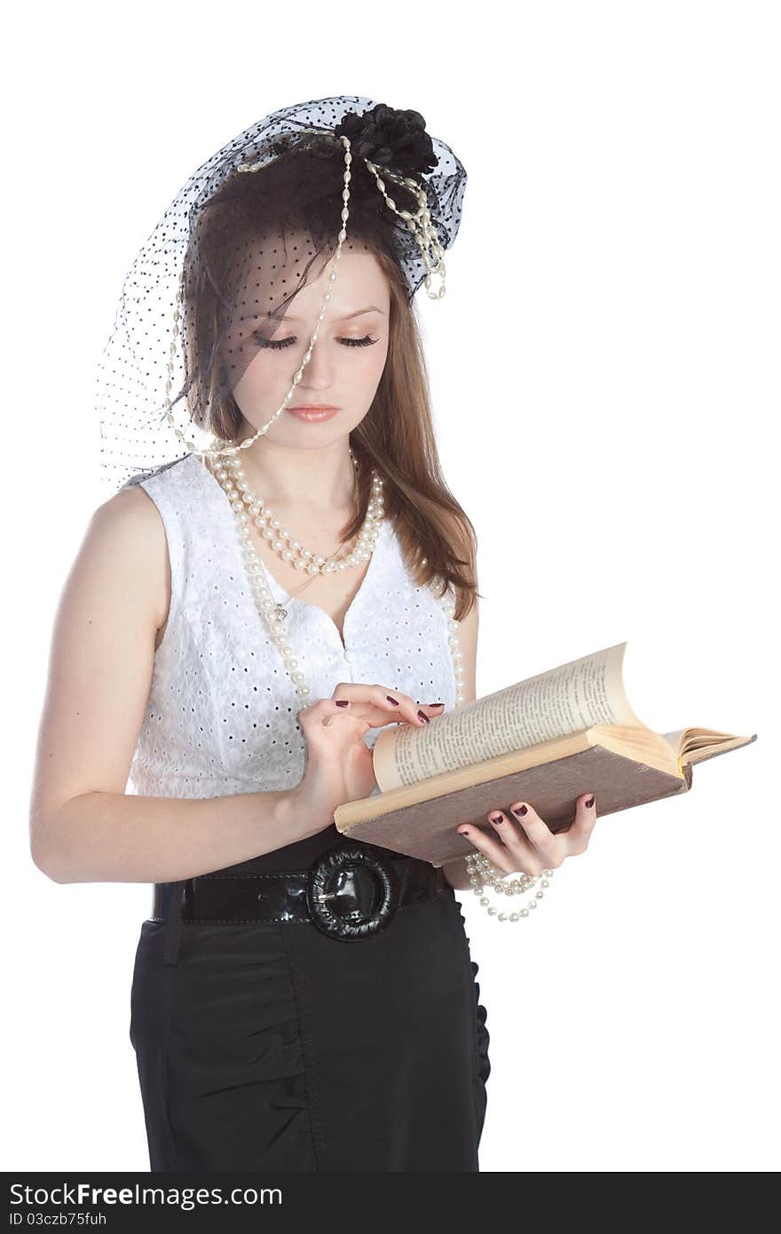 Vintage portrait young woman in a hat and a book. Vintage portrait young woman in a hat and a book.