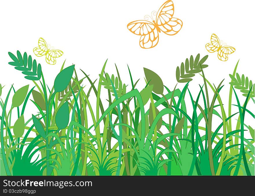 Green grass with butterflies, which can be used as a seamless background