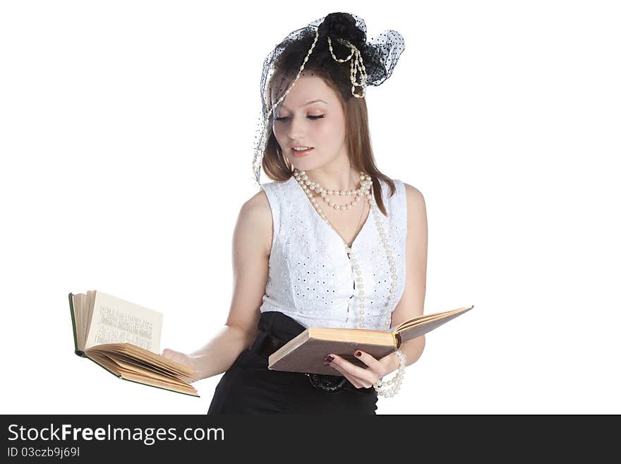 Vintage portrait  young woman in a hat  and a book. Vintage portrait  young woman in a hat  and a book.