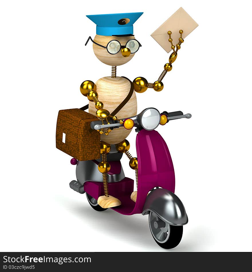 3d wood postman is riding on moped isolated