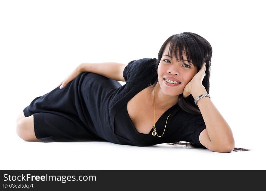 Pretty asian woman with braces isolated on white background