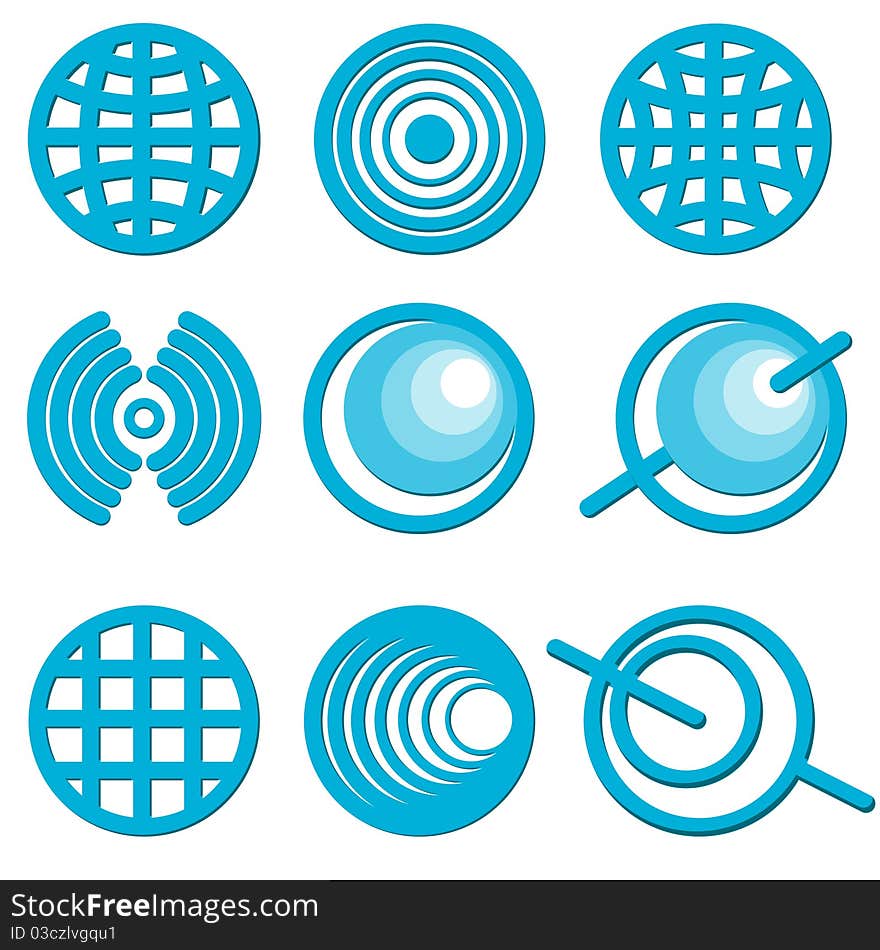 Illustration, nine blue symbols of the planet on white background. Illustration, nine blue symbols of the planet on white background