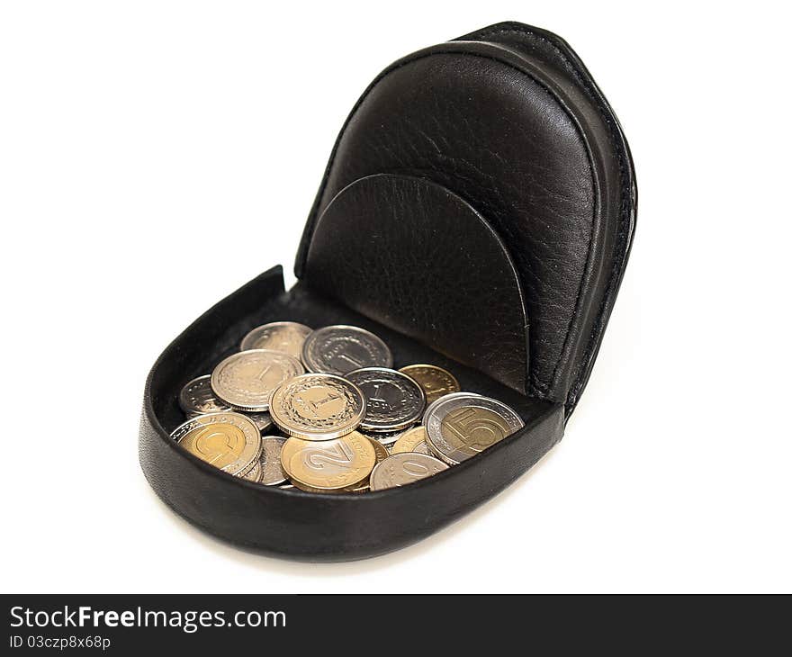 View of a black purse with a coins inside. View of a black purse with a coins inside