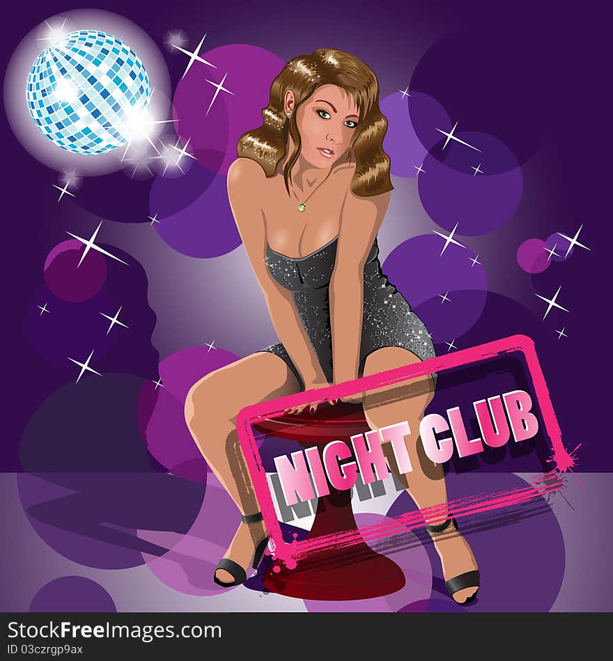 Illustration, abstract background with woman in night club