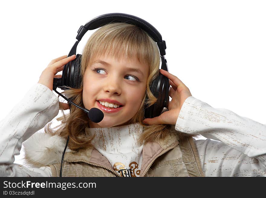 Happy teenage girl in headphones over white, isolated. Happy teenage girl in headphones over white, isolated