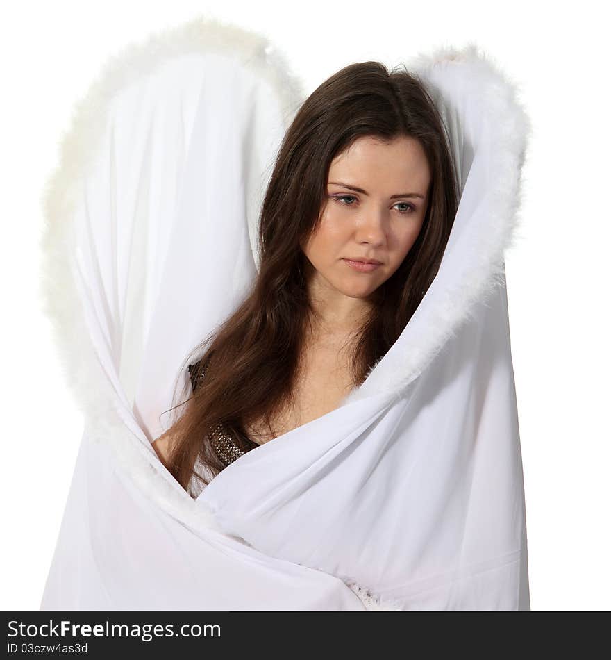 Beautiful sad angel on the isolated white background