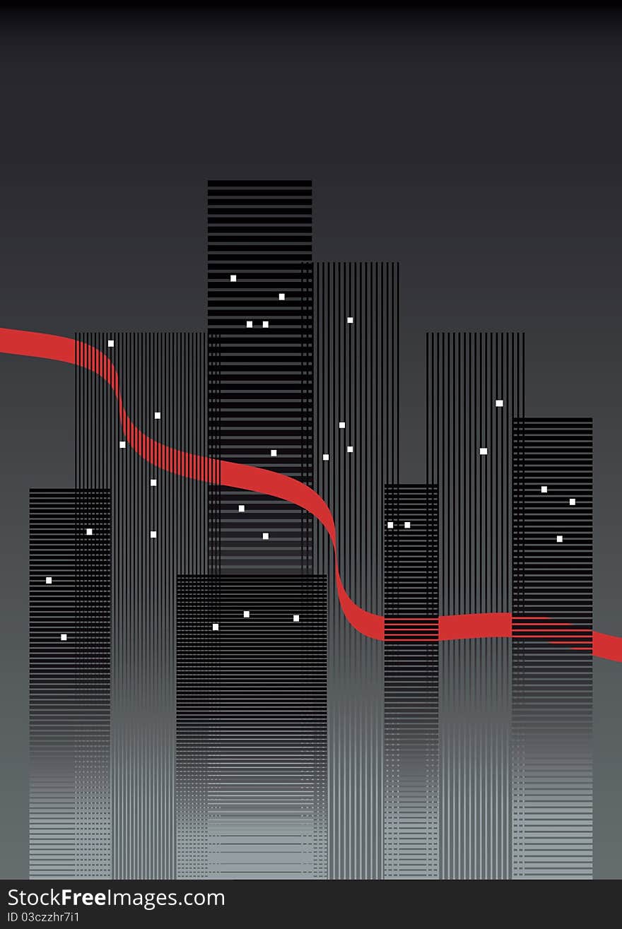 Abstract geometric night cityscape with red wave