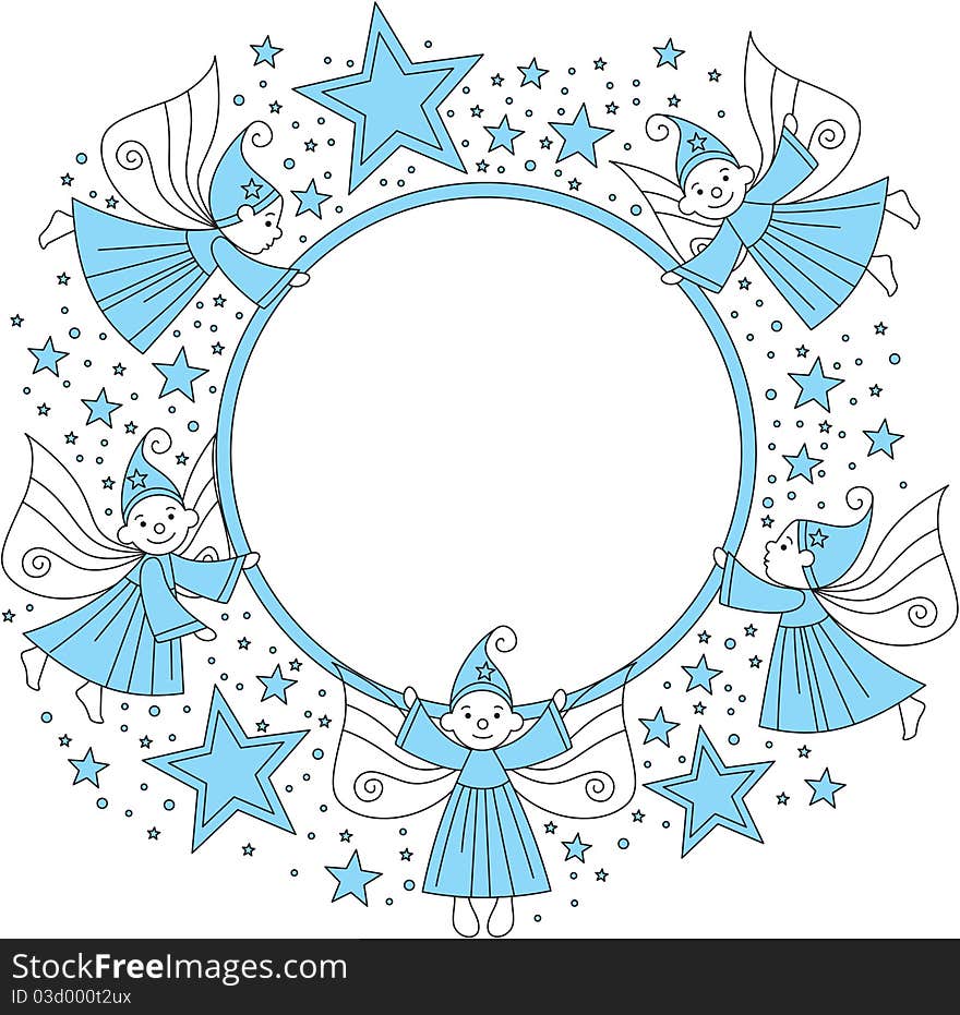 Round frame with elves in blue