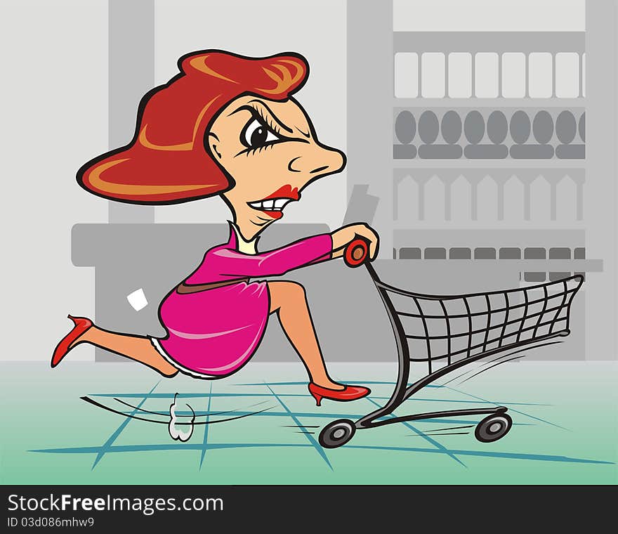 In a sale, shopping centre, shopping trolley, fast as a shark. In a sale, shopping centre, shopping trolley, fast as a shark