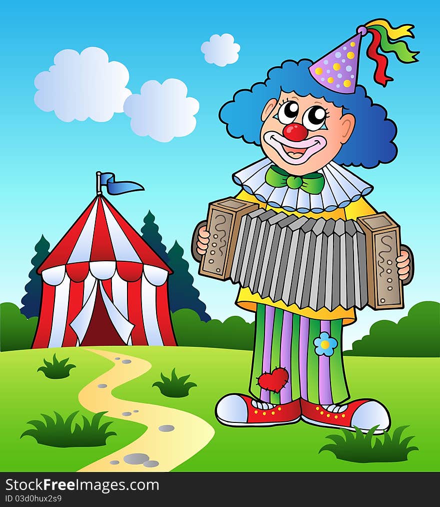 Clown playing accordion near tent - illustration.