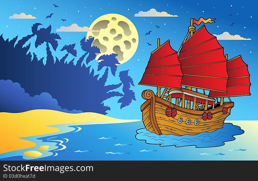 Night seascape with Chinese ship - illustration.