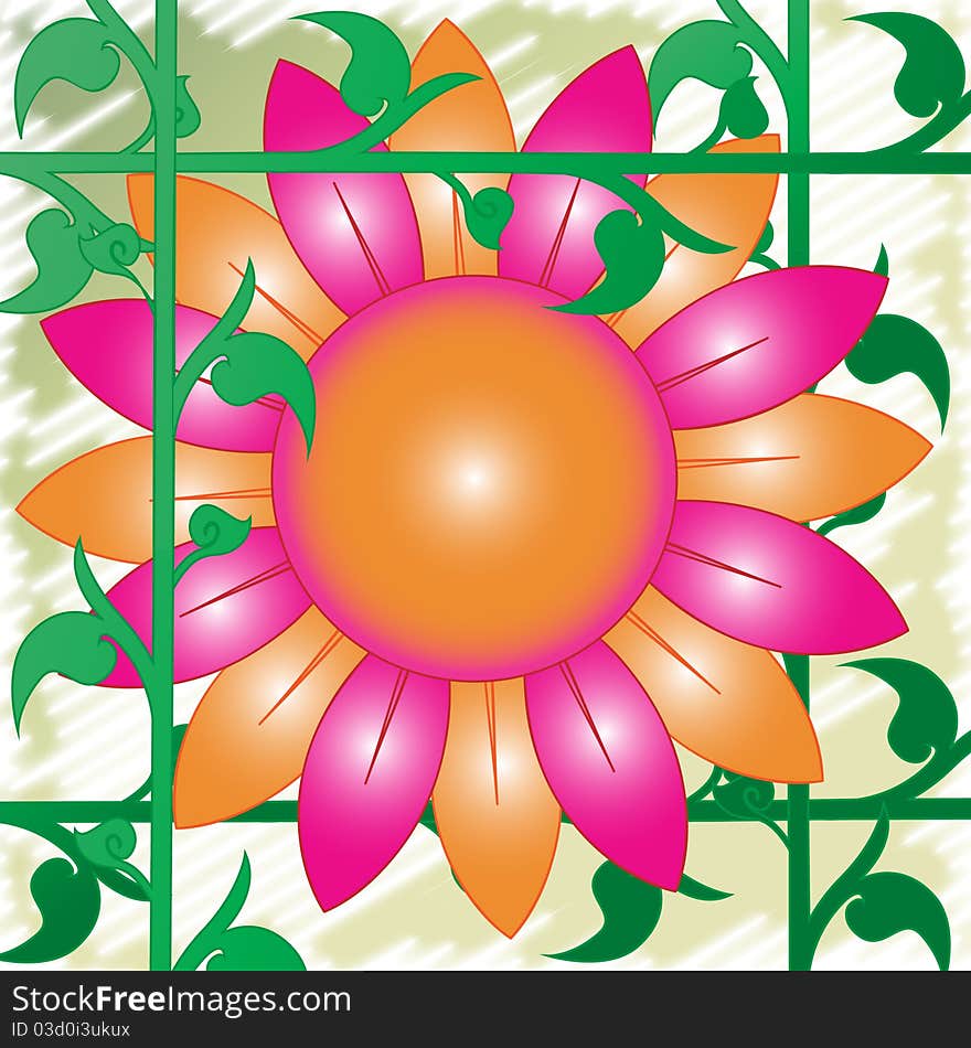 Large pink and orange daisy flower in retro seventies style with greenery. Large pink and orange daisy flower in retro seventies style with greenery