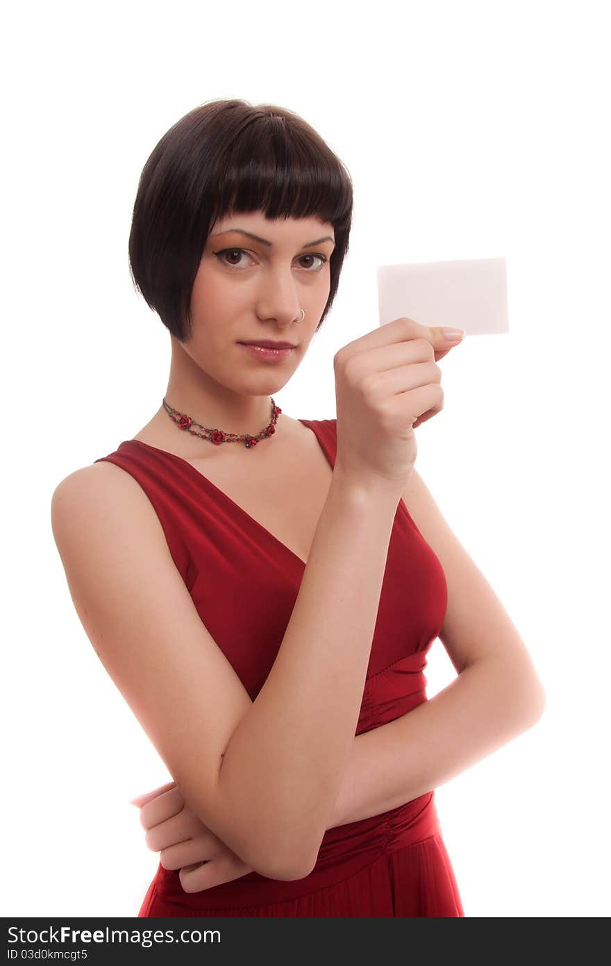 An elegant young female holding an empty business card in front of her, focus on business card. An elegant young female holding an empty business card in front of her, focus on business card.