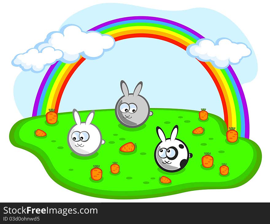 Three cute rabbit in a meadow with carrots. Rainbow in the sky. Vector. Child. Three cute rabbit in a meadow with carrots. Rainbow in the sky. Vector. Child.