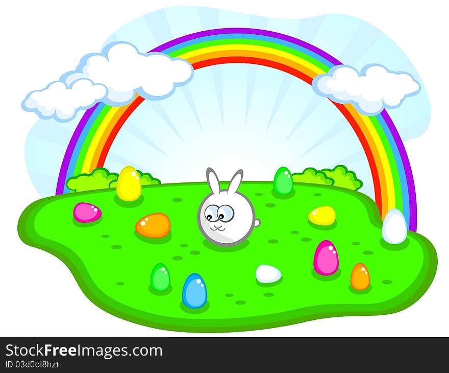 Vector image. Dear Easter Bunny on the meadow. Around him colorful Easter eggs. Rainbow in the sky. Child. Vector image. Dear Easter Bunny on the meadow. Around him colorful Easter eggs. Rainbow in the sky. Child.