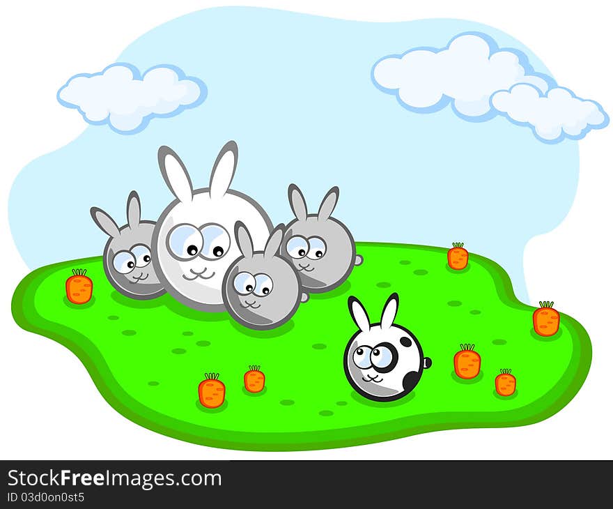 Family of rabbits in a meadow with carrots. Separately, sits another rabbit is not like them. Vector. Child.