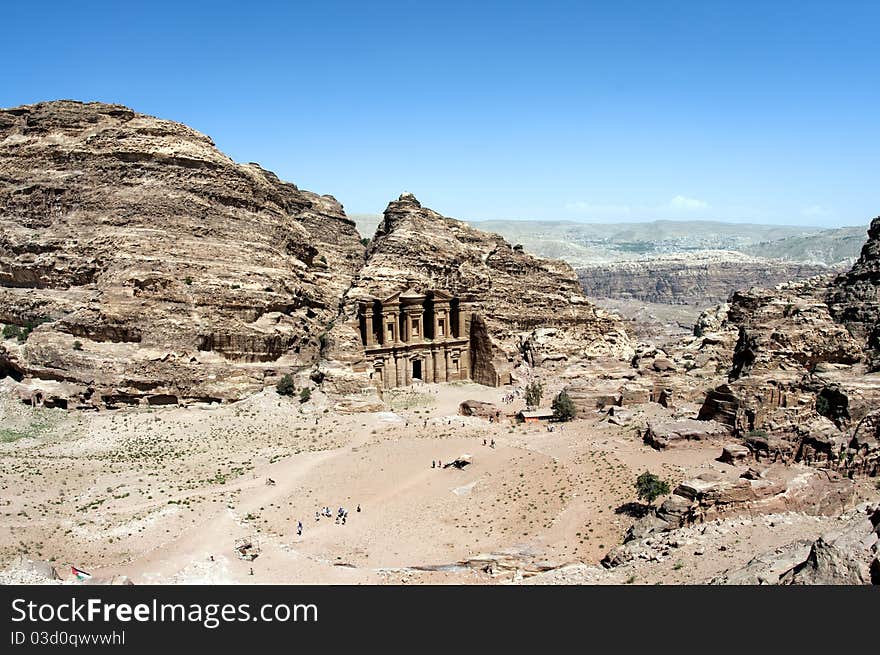 A view of the Monastery in the ancient and historic archaeological site of Petra in Jordan, Middle East. A view of the Monastery in the ancient and historic archaeological site of Petra in Jordan, Middle East.