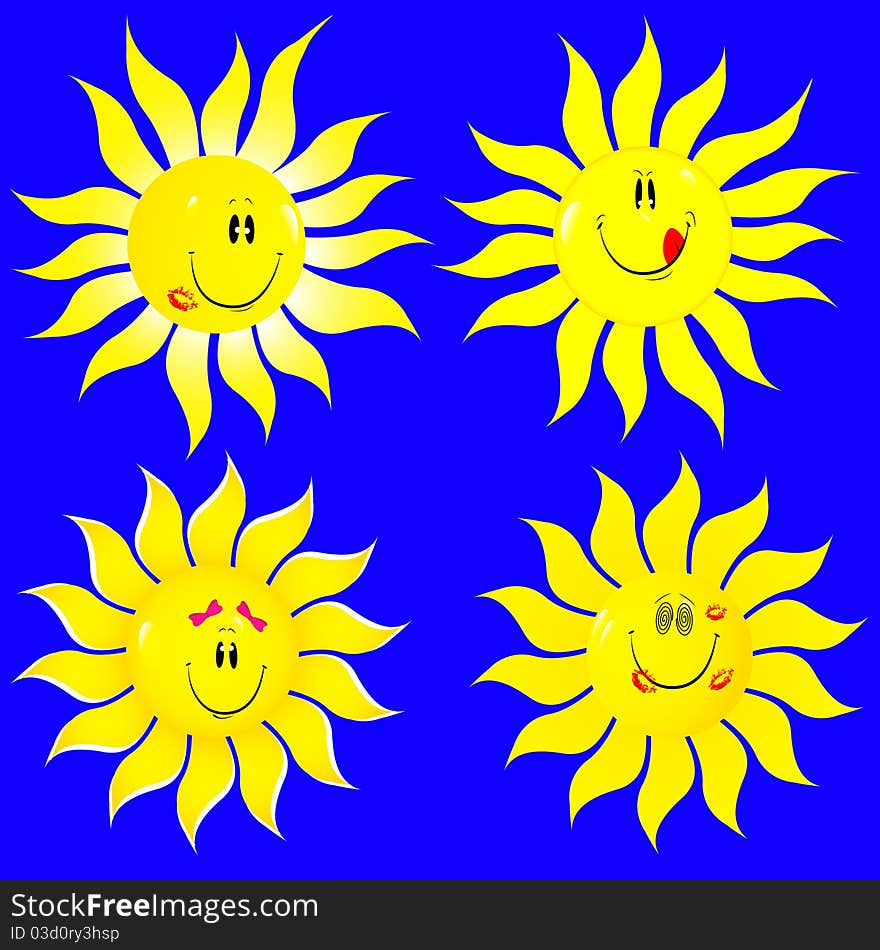 Set beautiful suns isolated on blue. Set beautiful suns isolated on blue.