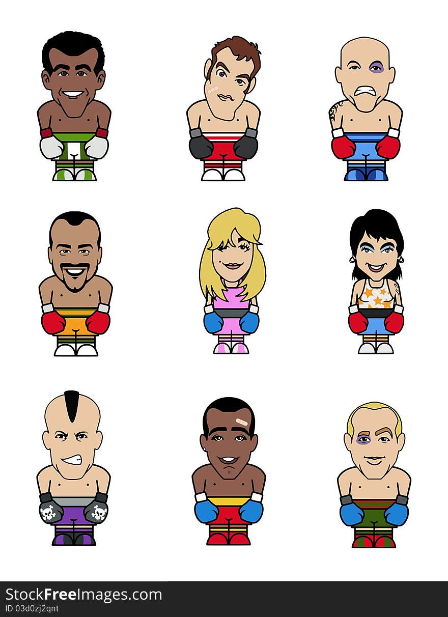 Nine puppets of funny boxers (seven men, two women) on white background. Nine puppets of funny boxers (seven men, two women) on white background