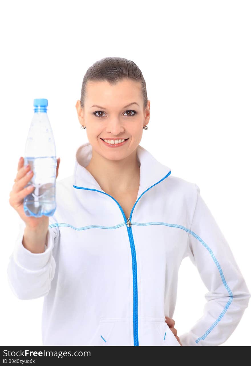 Woman in sportswear drinking water, isolated on white