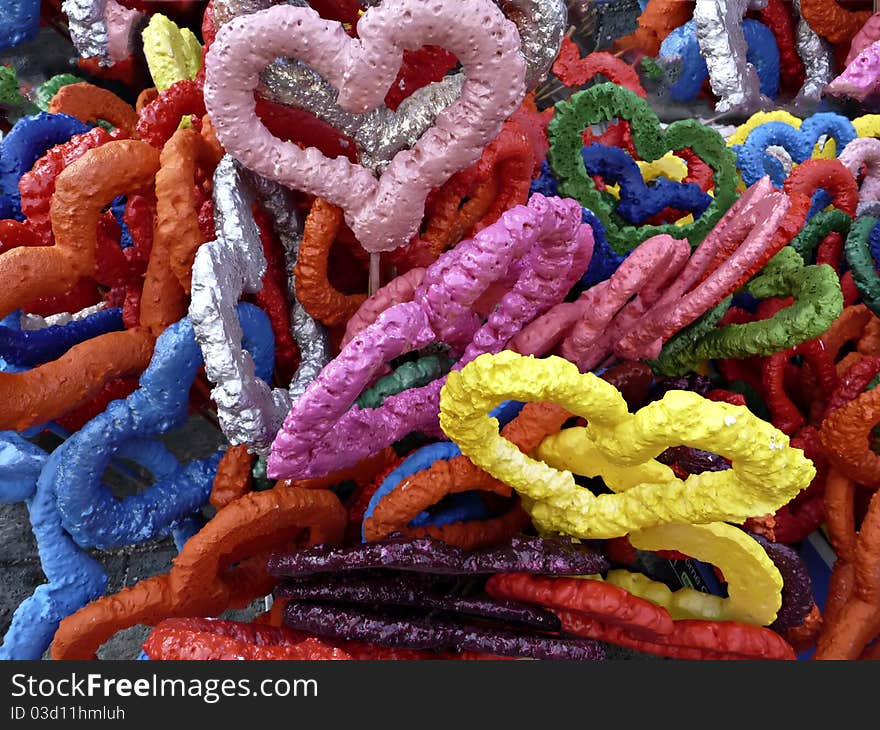 Hearts made of foam in various colours ready for party. Hearts made of foam in various colours ready for party.