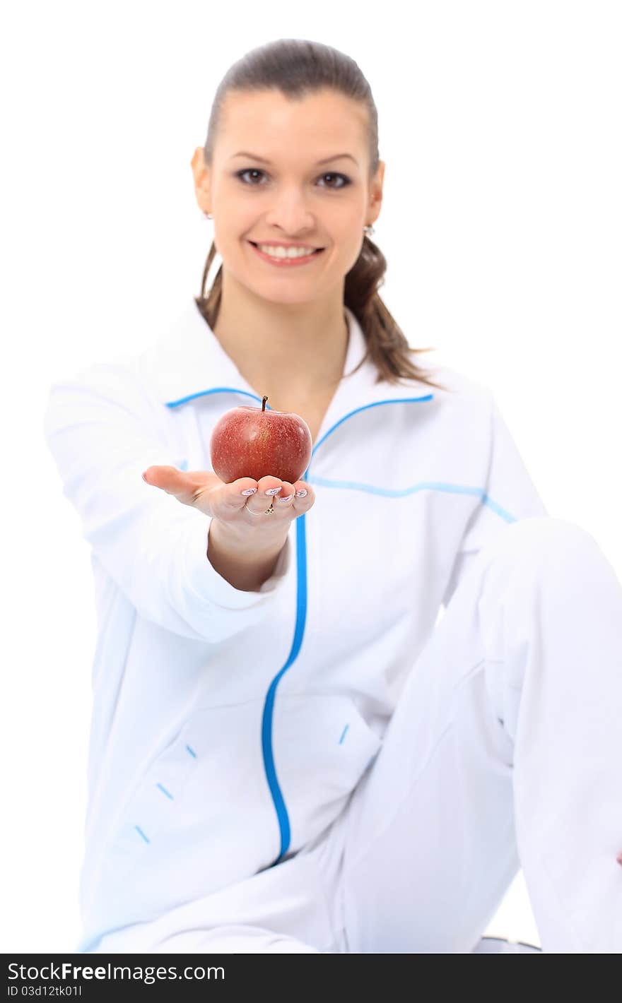 Pretty woman with apple on white background