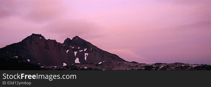 Sunset on Broken Top mountains from Green Lakes, Three Sisters Wilderness, Deschutes National Forest, Oregon. Sunset on Broken Top mountains from Green Lakes, Three Sisters Wilderness, Deschutes National Forest, Oregon