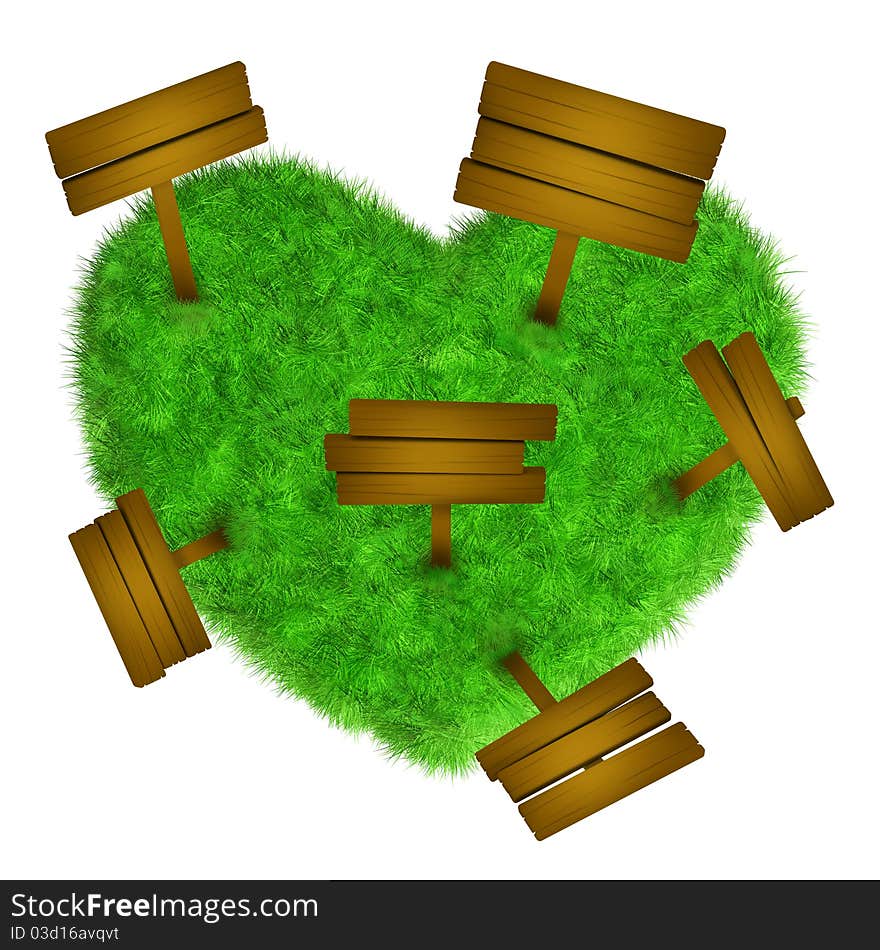 Grass heart with wooden signs