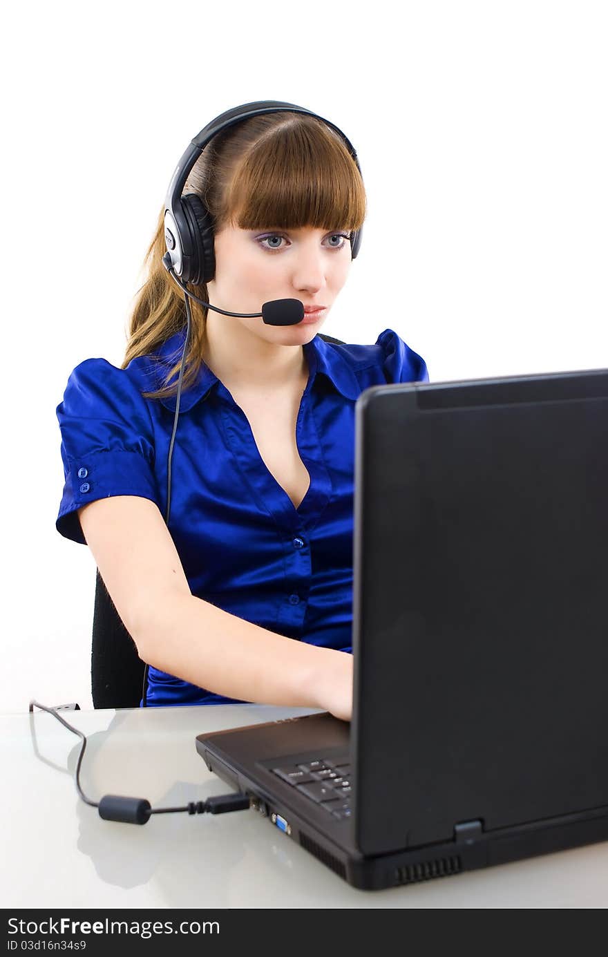 Support phone operator in headset at workplace. Support phone operator in headset at workplace