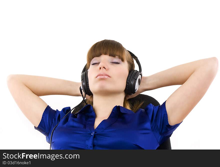 Support phone operator in headset at workplace relaxing