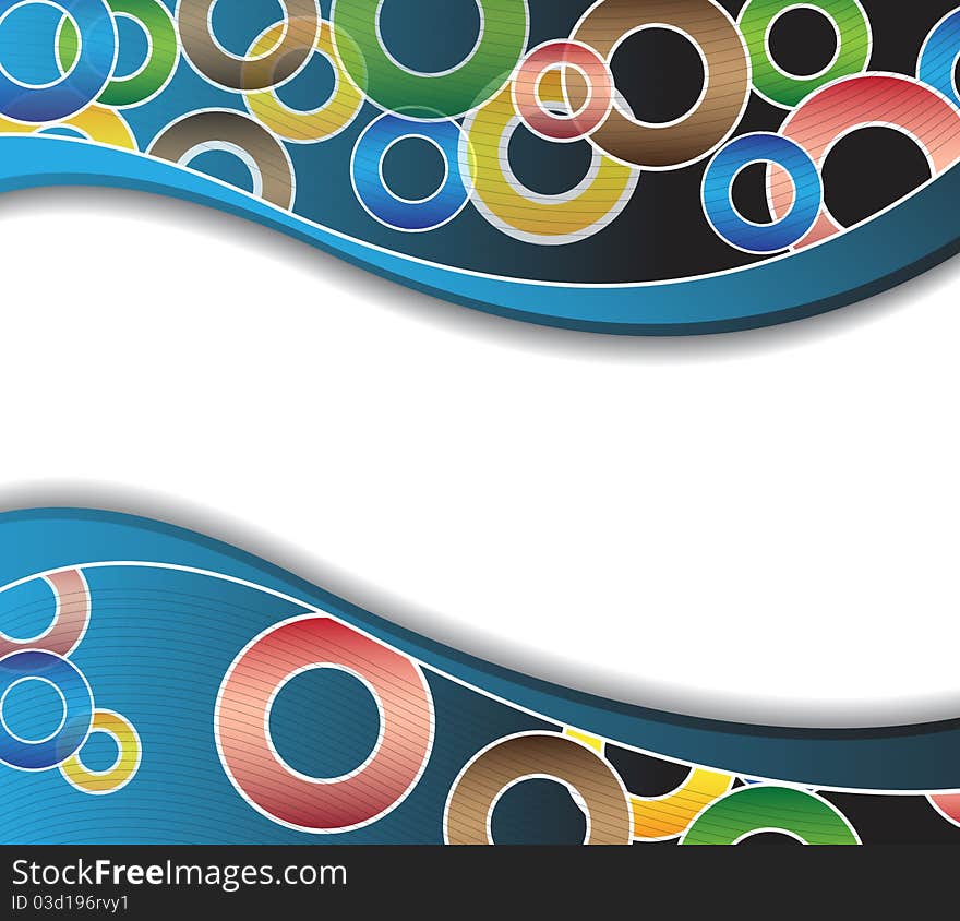 Multicolored circles on a blue wavy background. Festive frame. Multicolored circles on a blue wavy background. Festive frame.