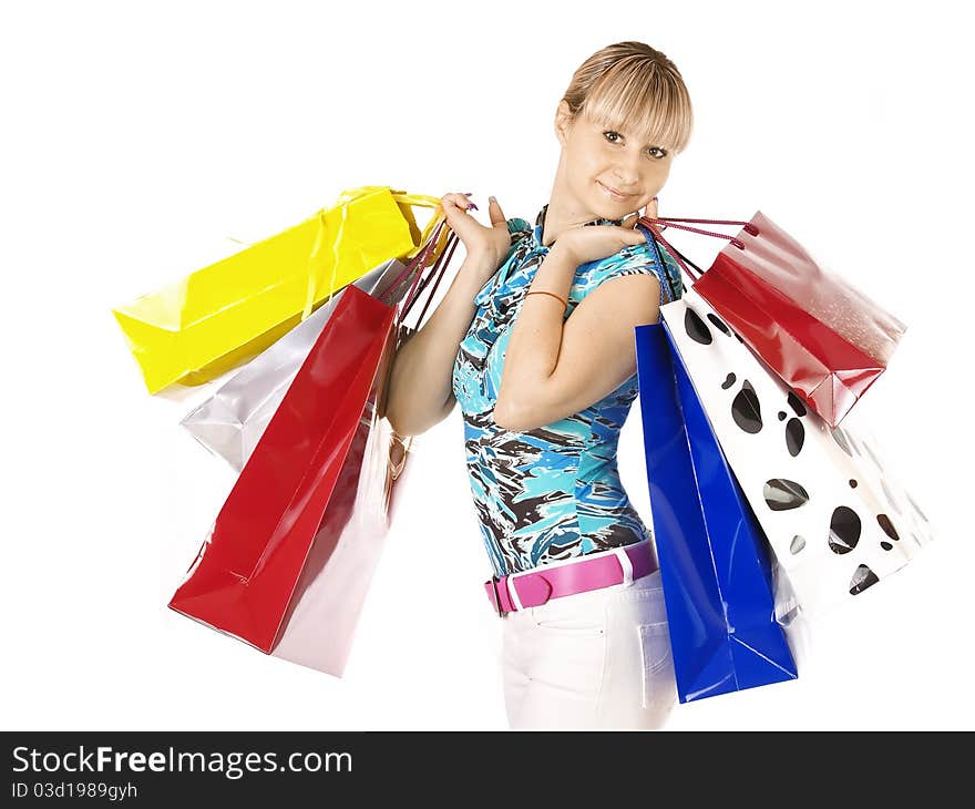 Portrait young adult girl with colored bags. Portrait young adult girl with colored bags