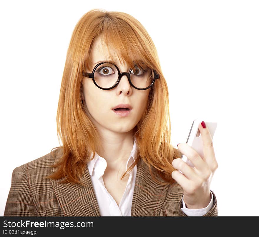 Funny business women in glasses calling by phone.