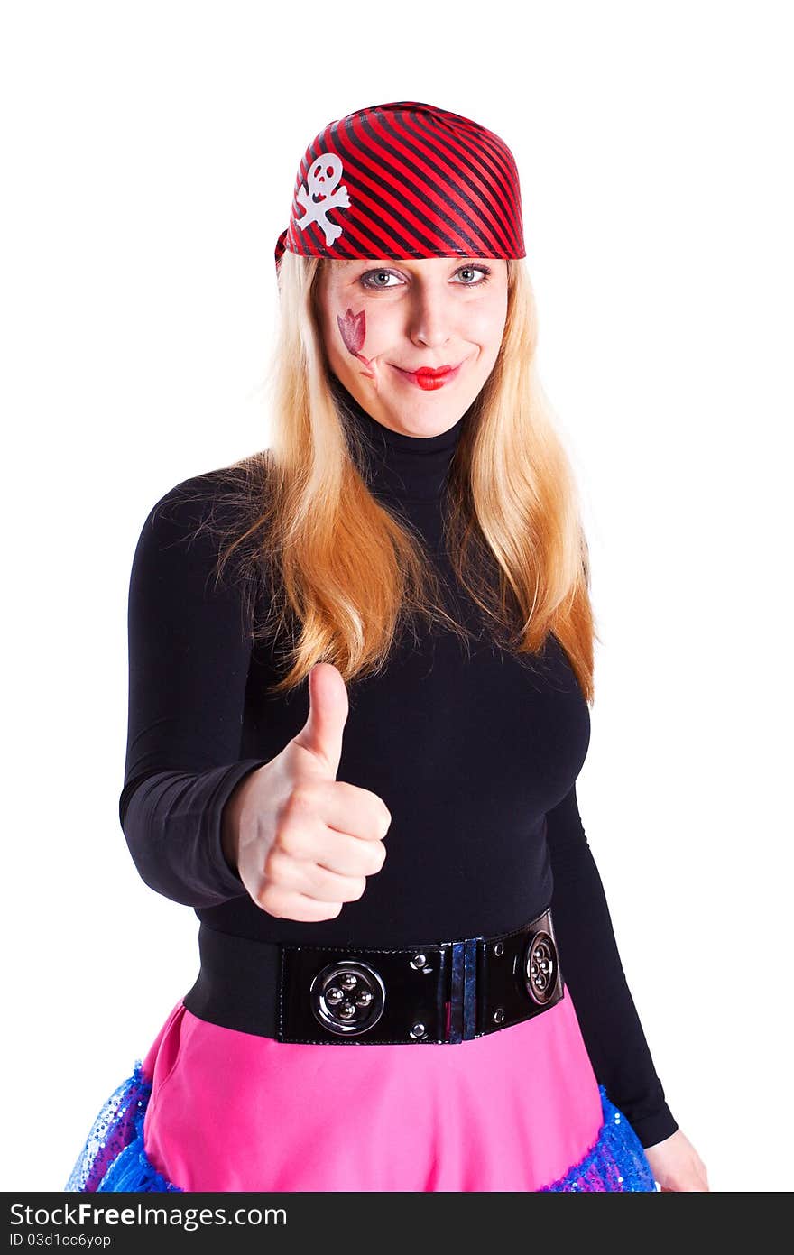 A Girl Dressed As A Pirate With A Thumb Up