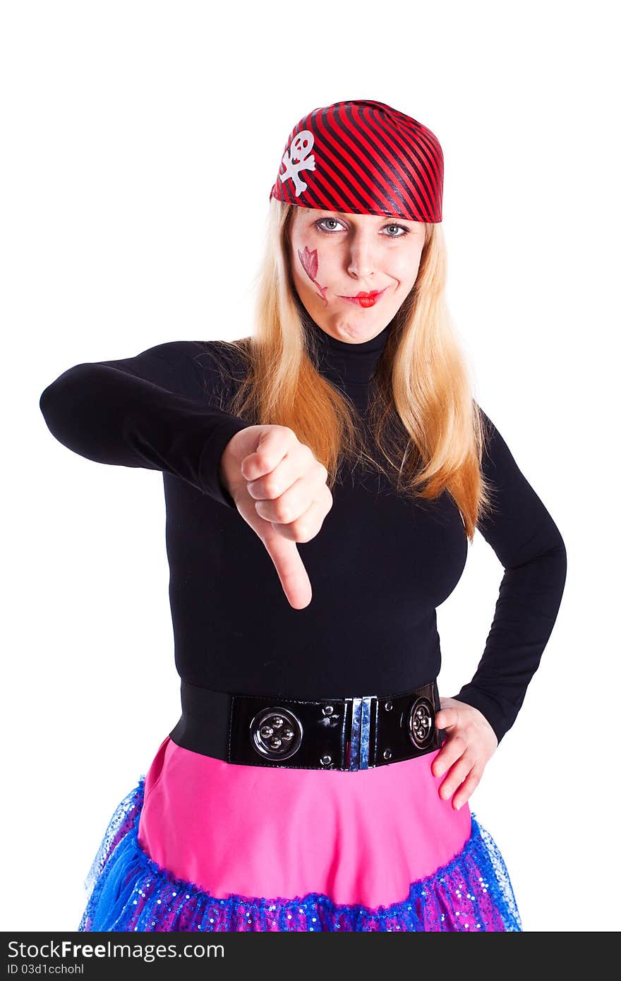 A Girl Dressed As A Pirate With A Thumb Down