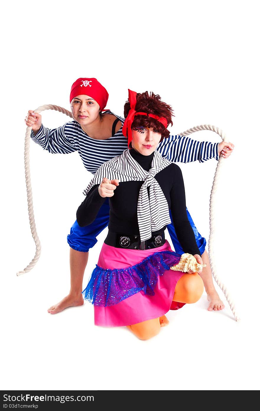 Two girls dressed as pirates funny scene