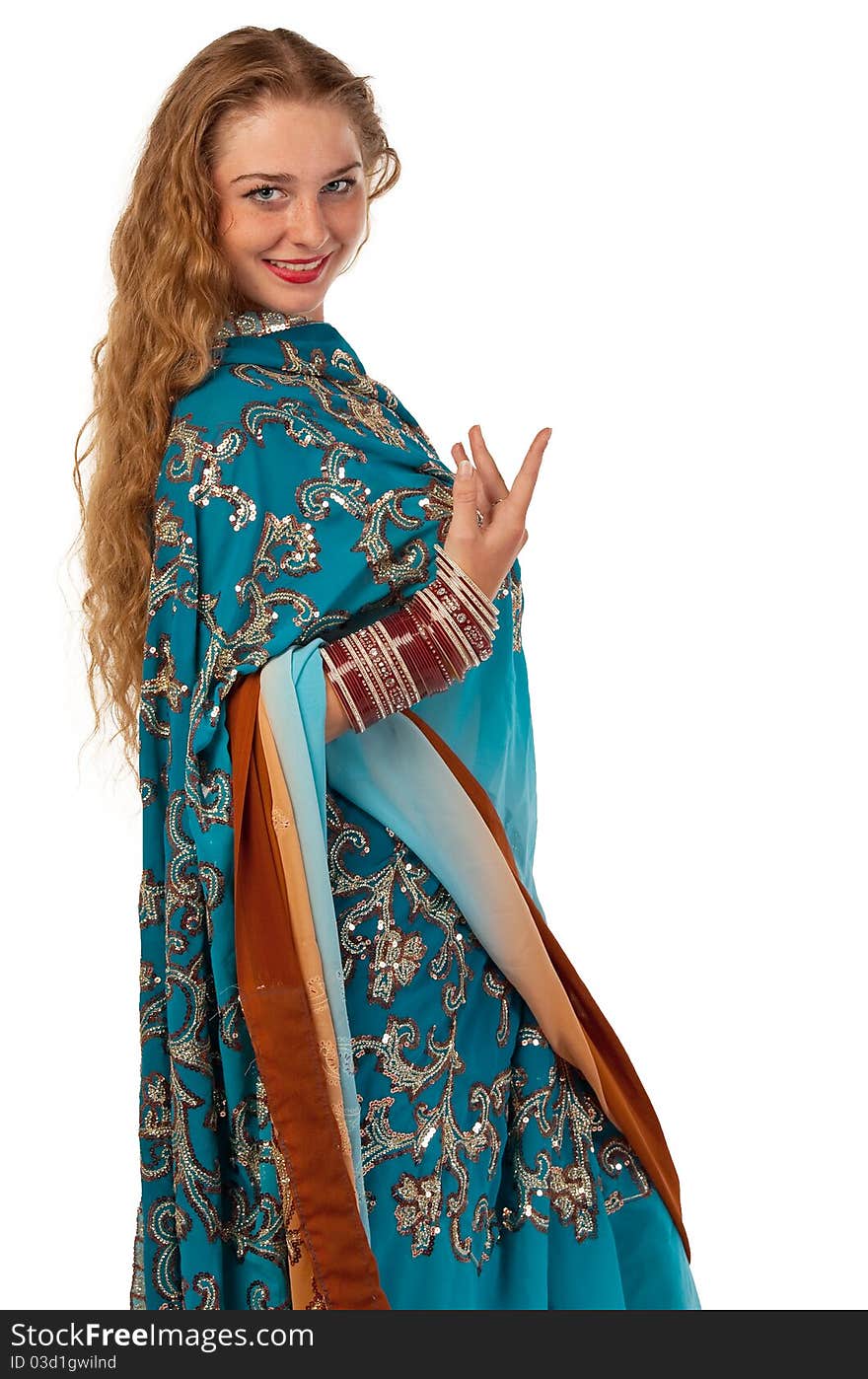 Beauty Girl Posing In Blue Oriental Indian Costume