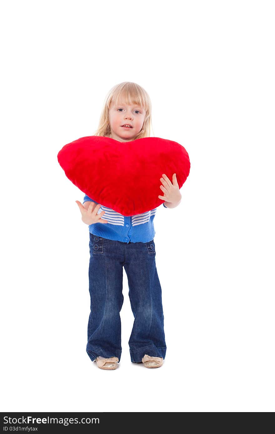 Little girl with red heart at hands, isolated