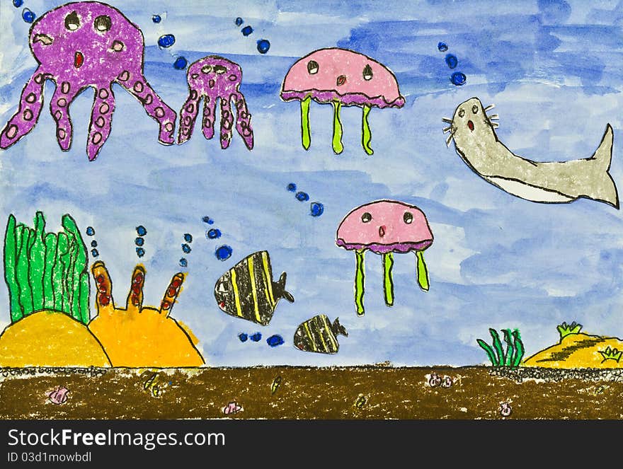 Child's hobby of underwater animal on paper. Child's hobby of underwater animal on paper