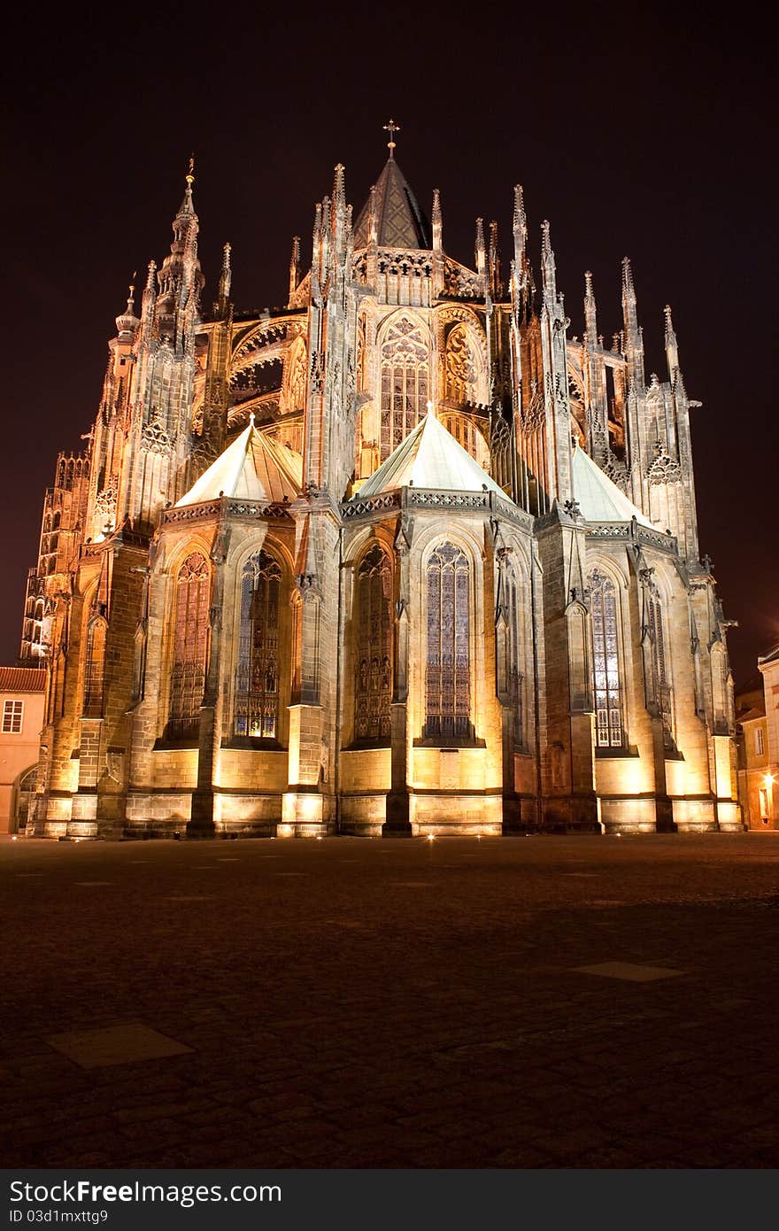 Iluminated Saint vitus cathedral at night on the yard of Prague Castle at Prague, Czech Republic