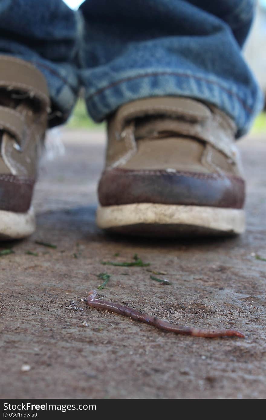 A worm on a sidewalk with a little boys shoes and pant legs in the background.