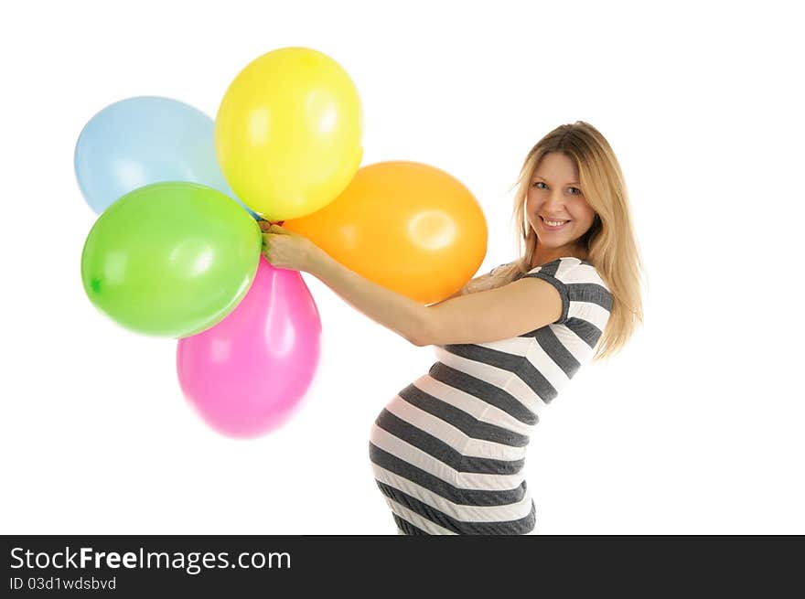 Pregnant woman with balloons isolated on white