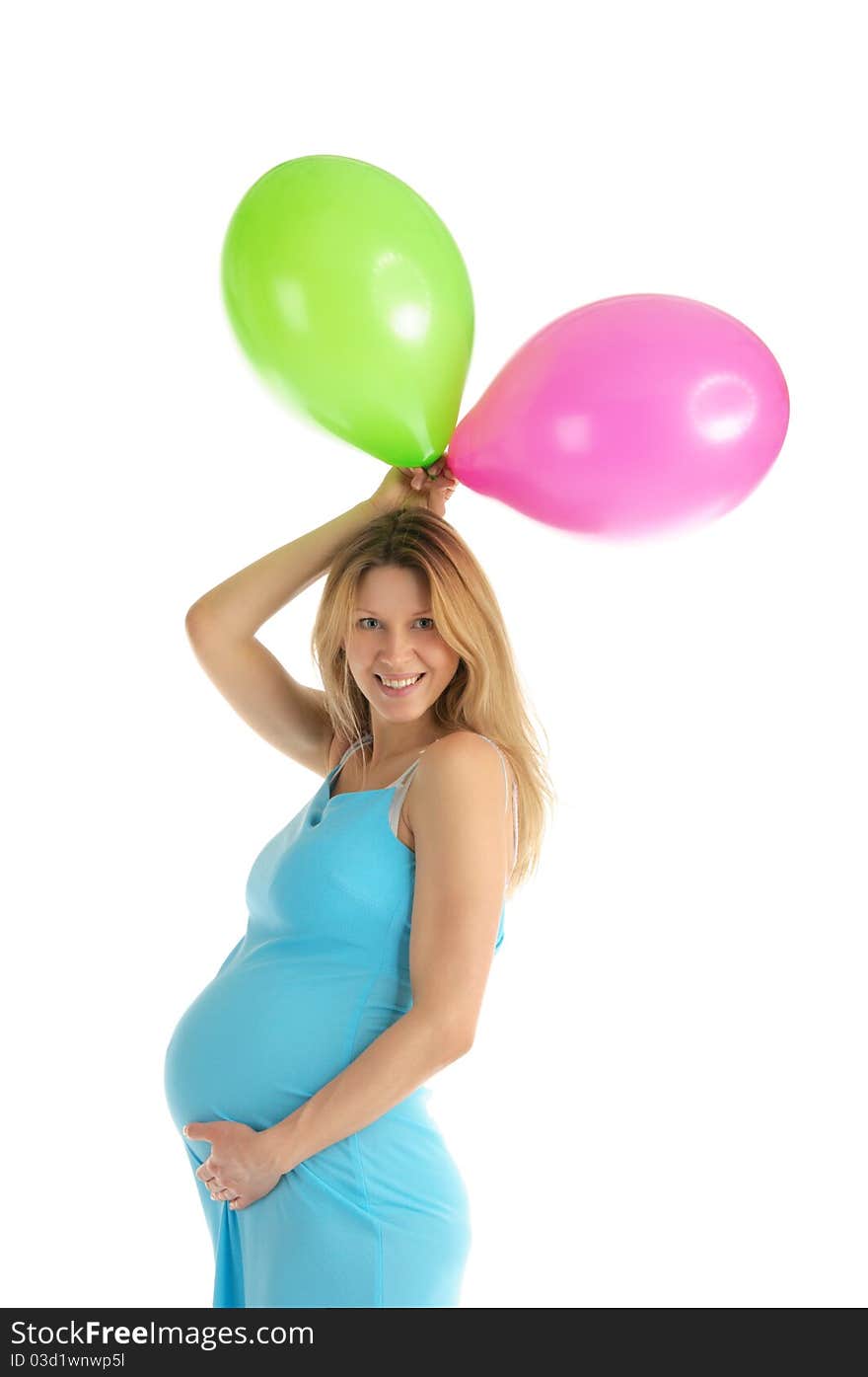 Pregnant woman with colorful balloons isolated on white