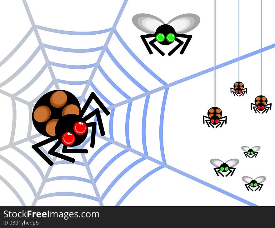 Vector isolated figure. Cute spider sits in the web. Near the fly. Set of insects isolated. Vector isolated figure. Cute spider sits in the web. Near the fly. Set of insects isolated.