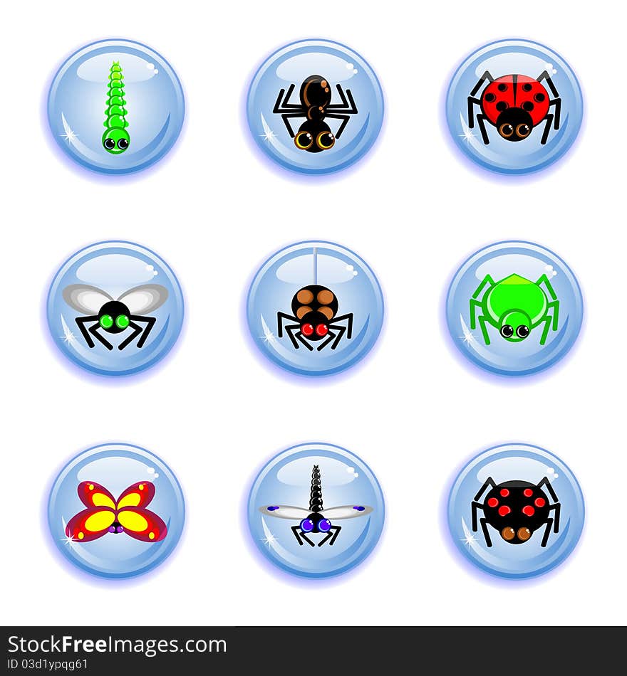 Alluring  insects on the buttons. Isolated on white. For children. Simple. Fly, spider, dragonfly, butterfly, ant, and others. Alluring  insects on the buttons. Isolated on white. For children. Simple. Fly, spider, dragonfly, butterfly, ant, and others.