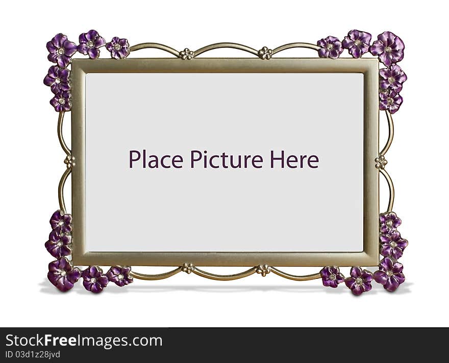 Metal picture frame with decorative Purple flowers. Isolated with white background and shadow. Ready for photo. Metal picture frame with decorative Purple flowers. Isolated with white background and shadow. Ready for photo.