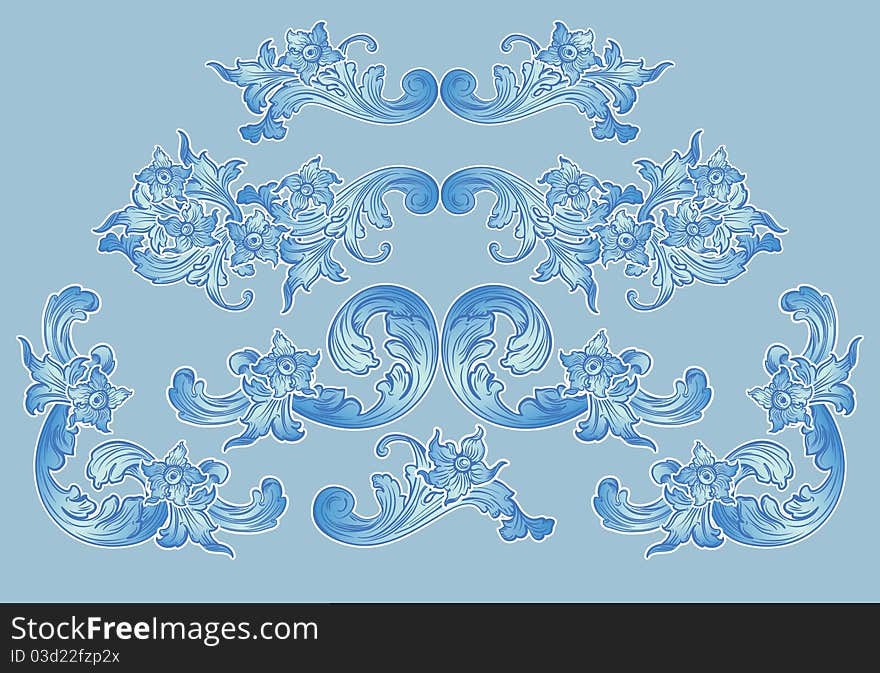 Floral elements in blue tones