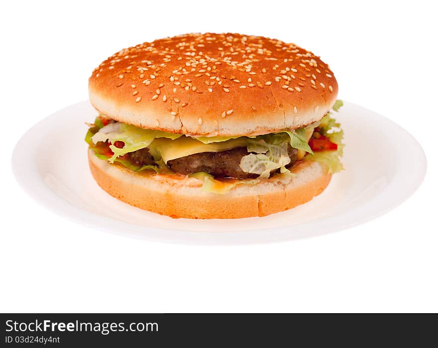 Hamburger with vegetables on white plate isolated